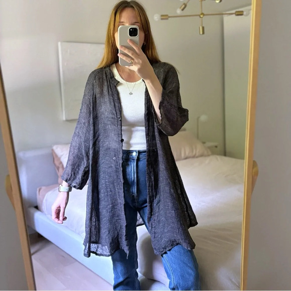 Flax Tops - Flax 100% Linen Long Shirt Tunic Cardigan Dress Sheer Lagenlook Black White Sz M